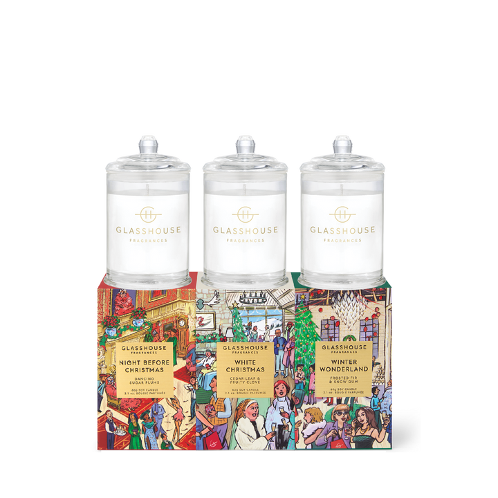 Glasshouse Fragrances 3x60g Candle Trio - Christmas - Night Before Christmas, White Christmas, Winter Wonderland
