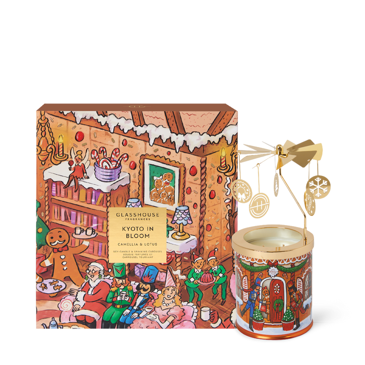 Glasshouse Fragrances 380g Candle with Spinning Carousel Gift Set - Christmas - Kyoto In Bloom