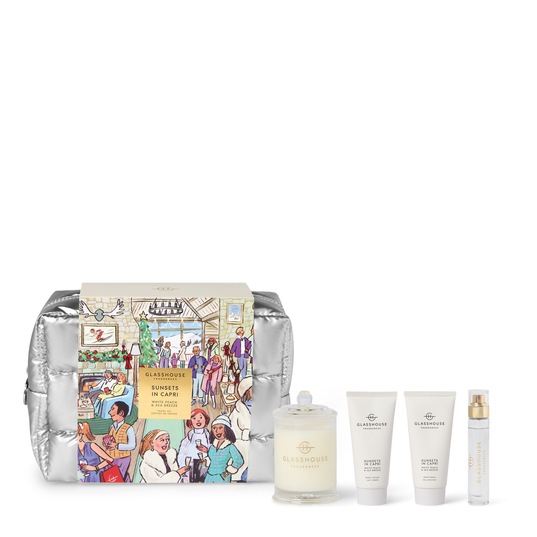 Glasshouse Fragrances 60g Candle, 14ml EDP, 50ml Body Wash &amp; 50ml Body Lotion - Fragrance Travel Set - Christmas - Sunsets In Capri