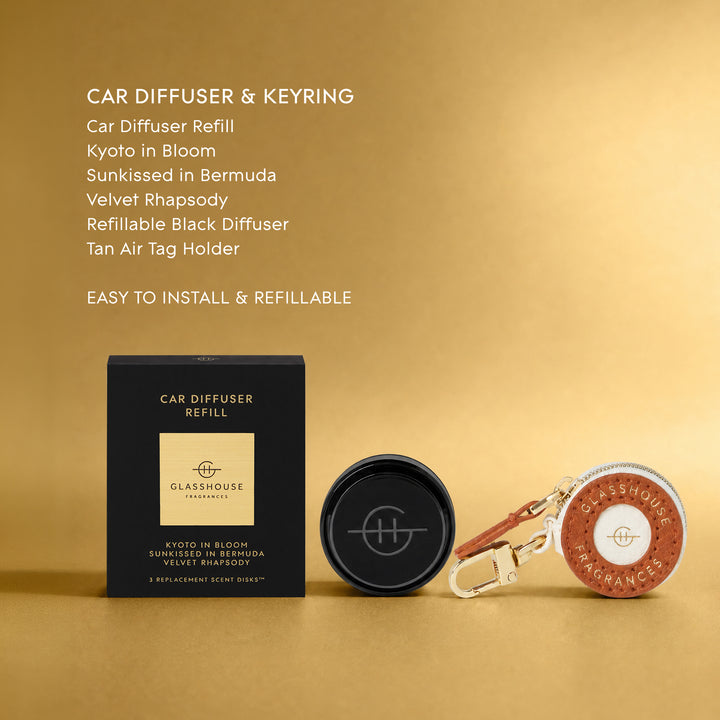 Glasshouse Fragrances Black Car Diffuser with 3 Replacement Scent Disk and Key Ring - Christmas - Kyoto In Bloom, Sunkissed In Bermuda, Velvet Rhapsody