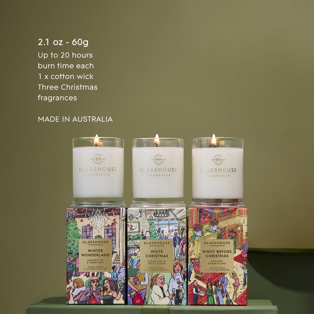 Glasshouse Fragrances 3x60g Candle Trio - Christmas - Night Before Christmas, White Christmas, Winter Wonderland