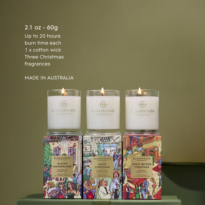 Glasshouse Fragrances 3x60g Candle Trio - Christmas - Night Before Christmas, White Christmas, Winter Wonderland