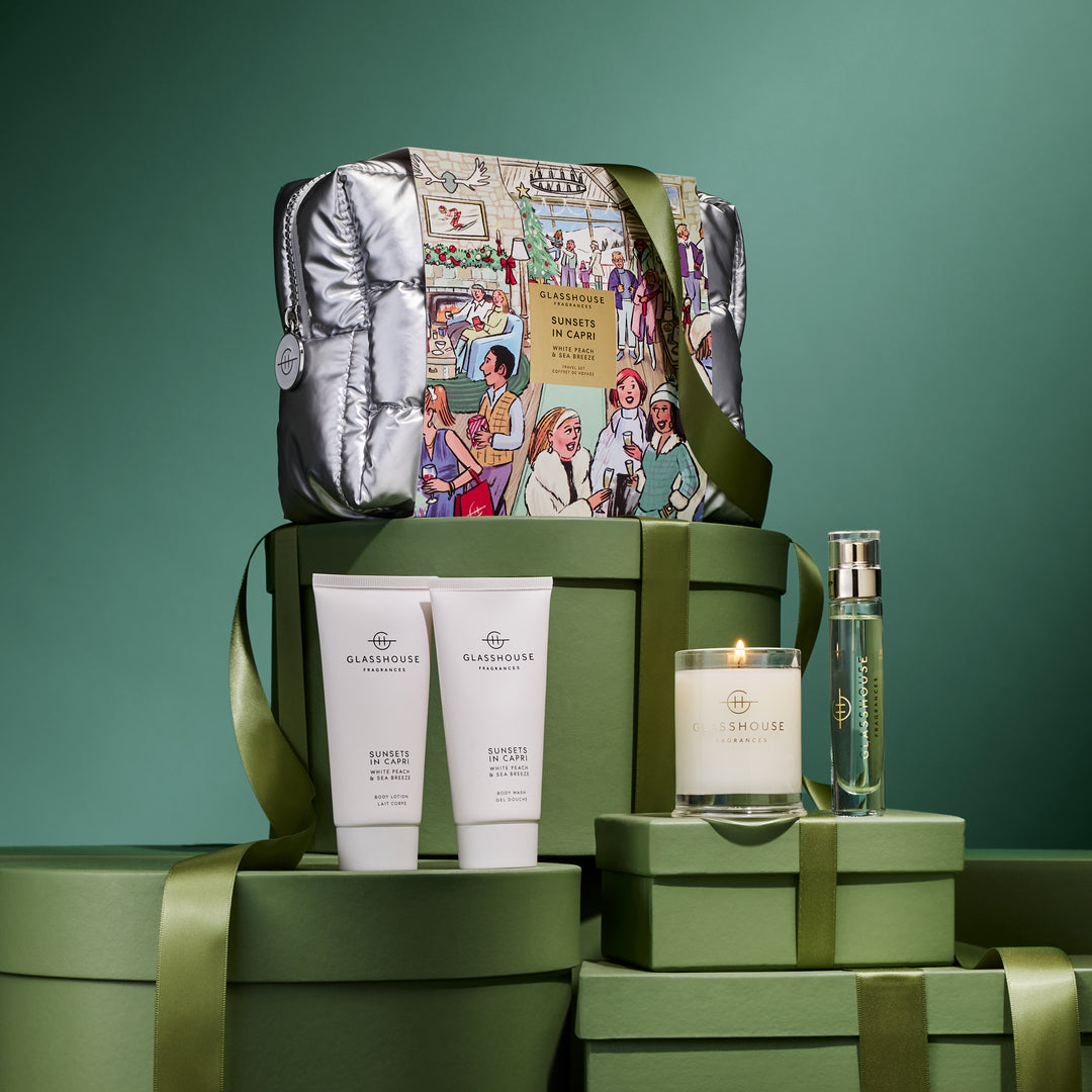 Glasshouse Fragrances 60g Candle, 14ml EDP, 50ml Body Wash &amp; 50ml Body Lotion - Fragrance Travel Set - Christmas - Sunsets In Capri