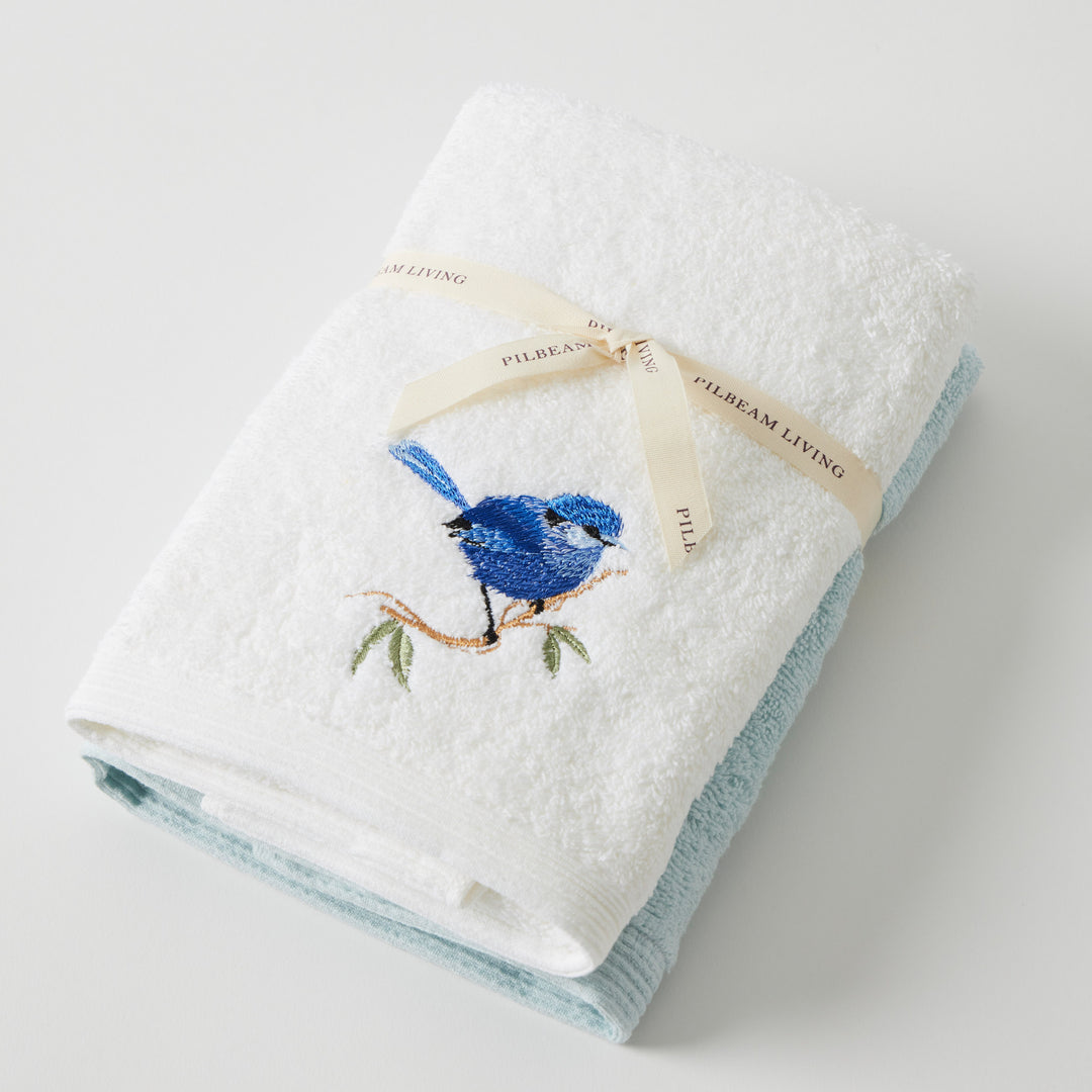 Blue Wren Hand Towel Set of 2 (1 Plain)