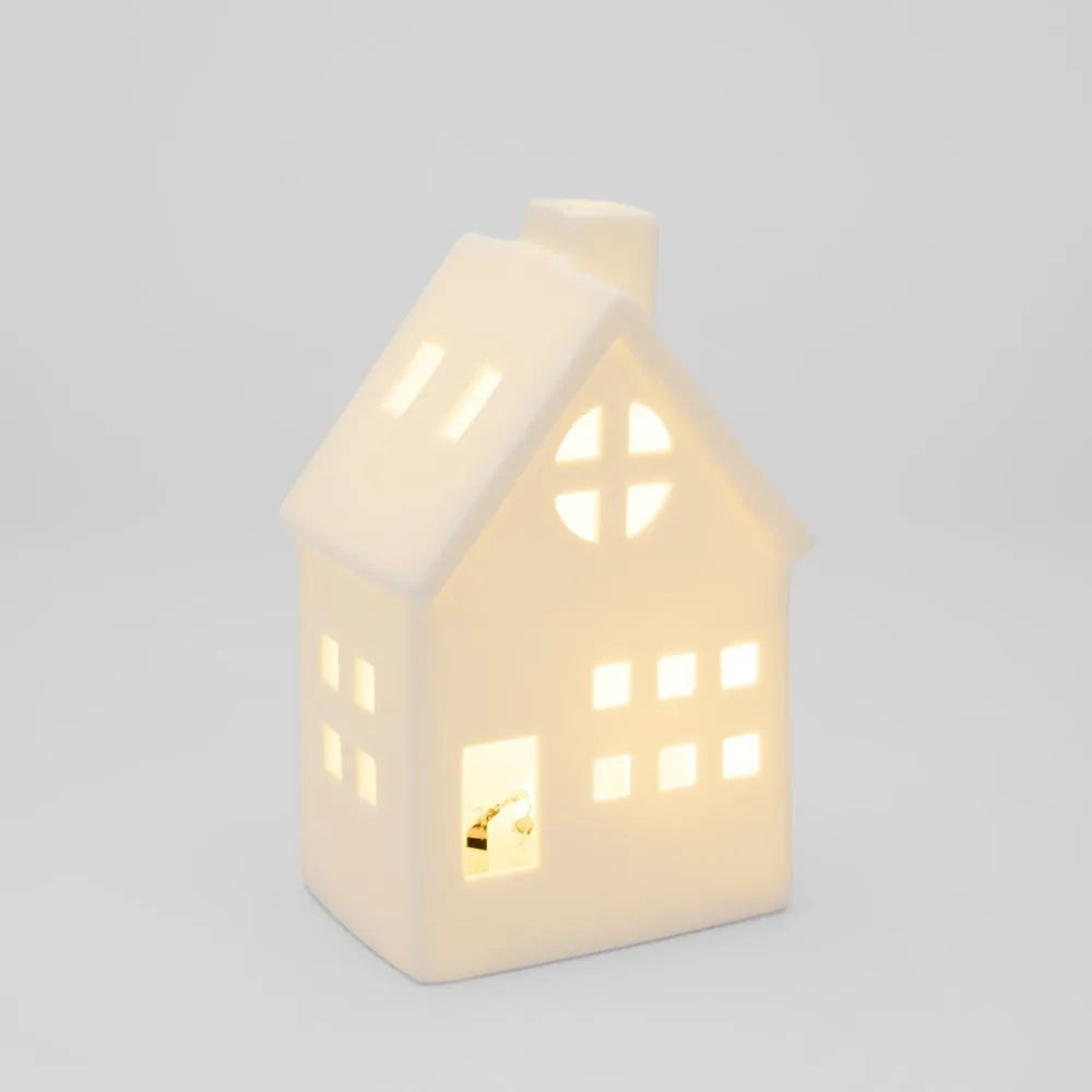 Light Up Porcelain House with Chimney White Small 6.5x13cm