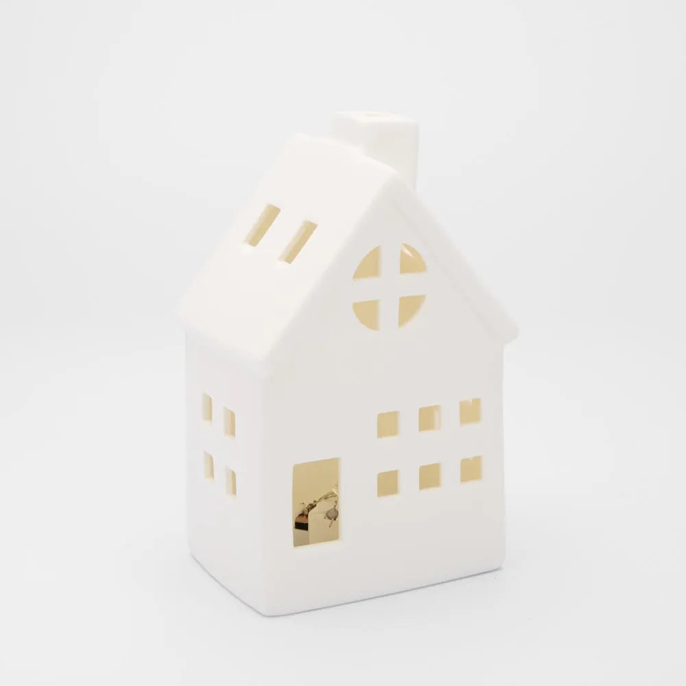 Light Up Porcelain House with Chimney White Small 6.5x13cm