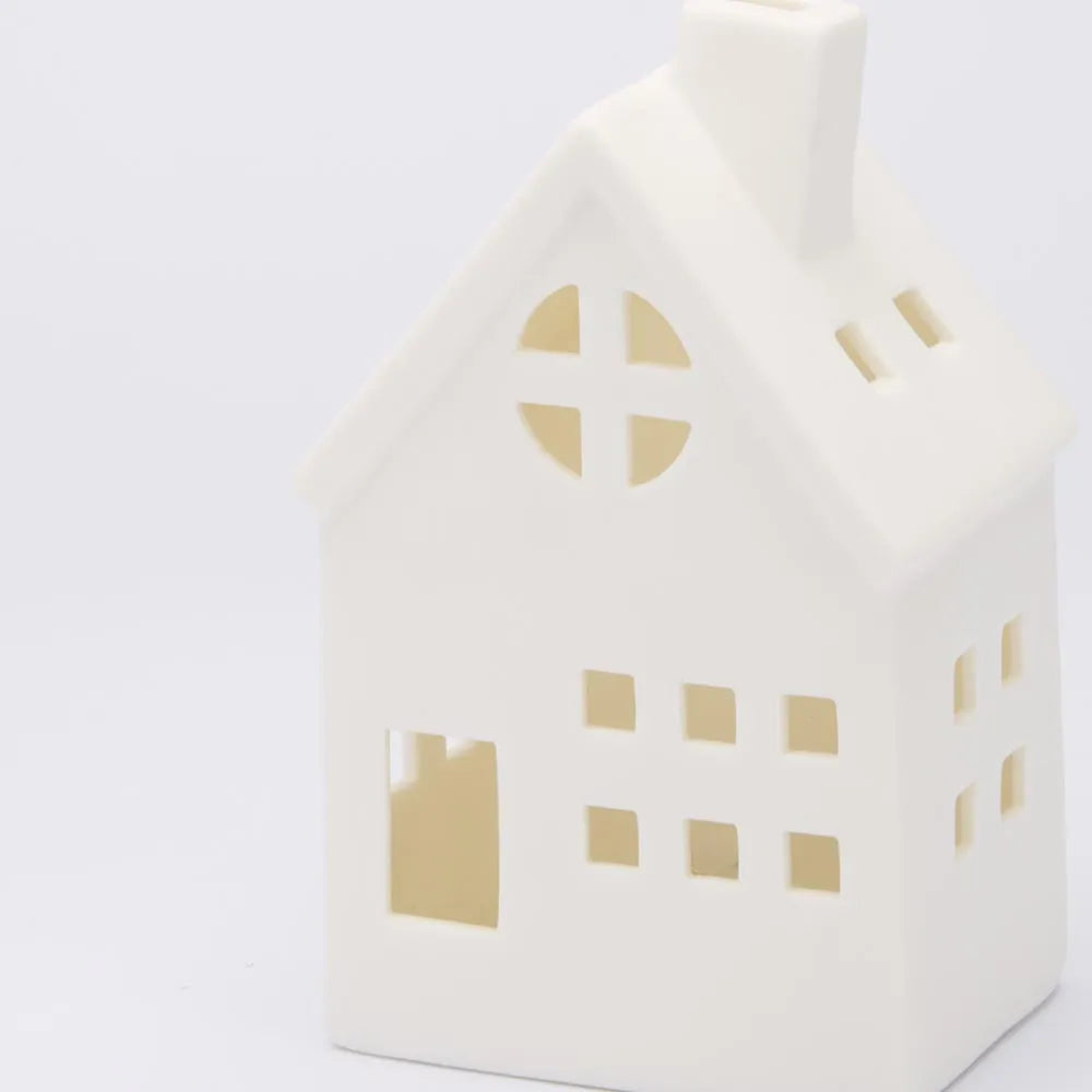 Light Up Porcelain House with Chimney White Small 6.5x13cm