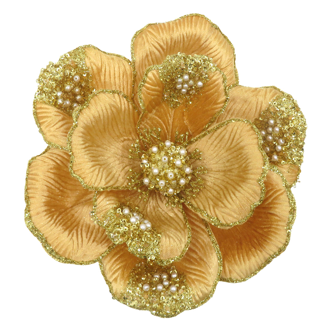 Clip On Magnolia Beaded Petal Gold
