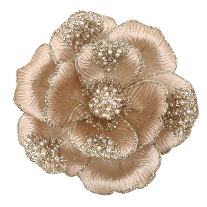 Clip On Magnolia Beaded Petal Champagne