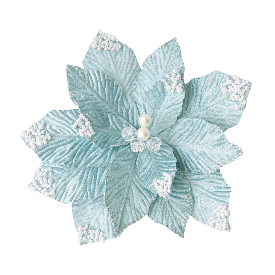 Clip On Poinsettia Blue White Bead Tips