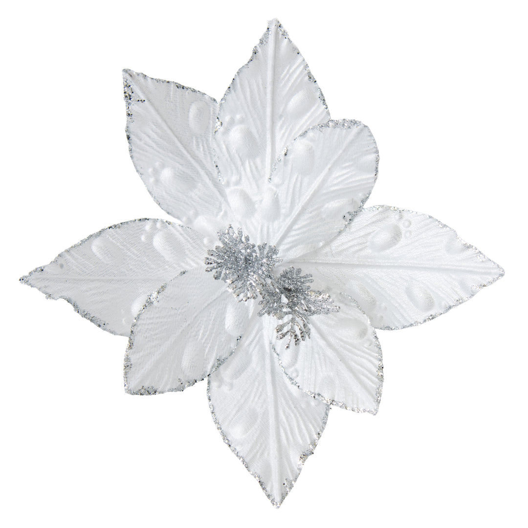 Clip On Poinsettia White Silver Centre