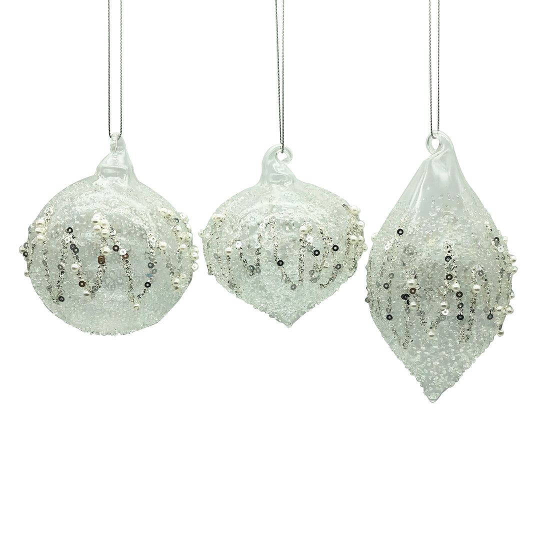 Glass Bauble White W/Pearls 3Ass