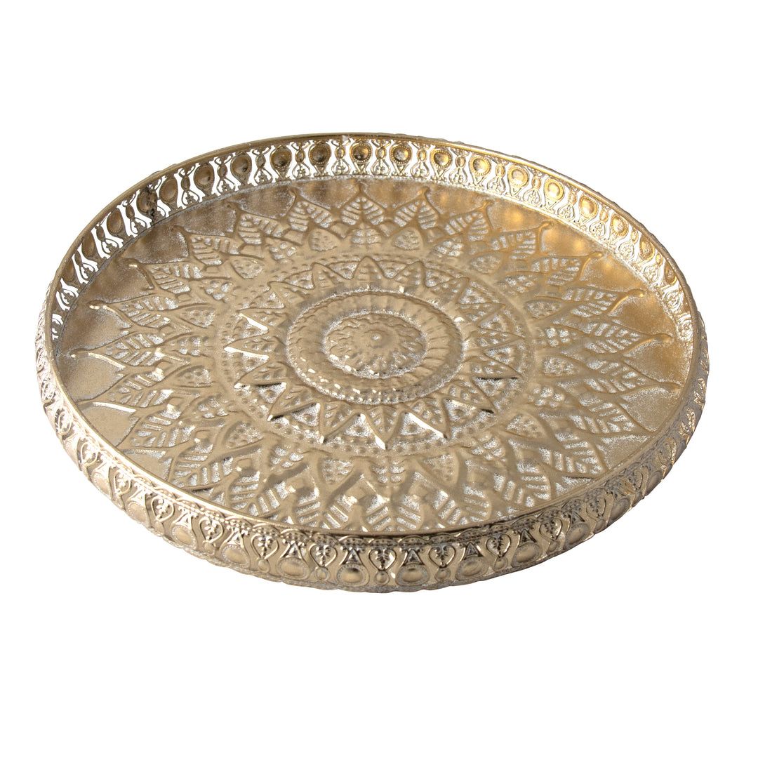 Metal Round Embossed Tray Champagne