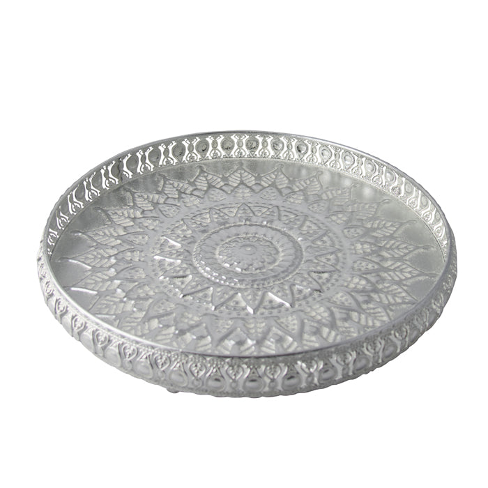 Metal Round Embossed Tray Silver