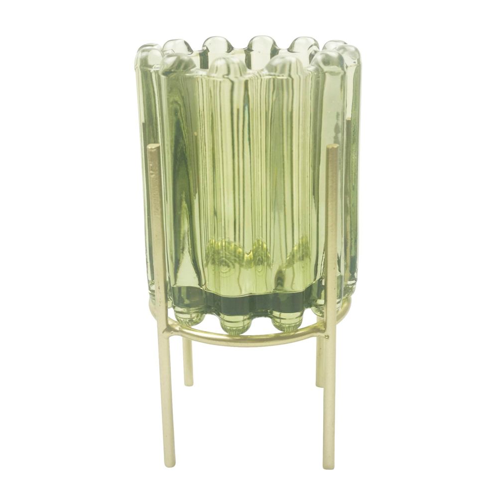 Ribbed Tealight Large Leaf Green on Gold Stand