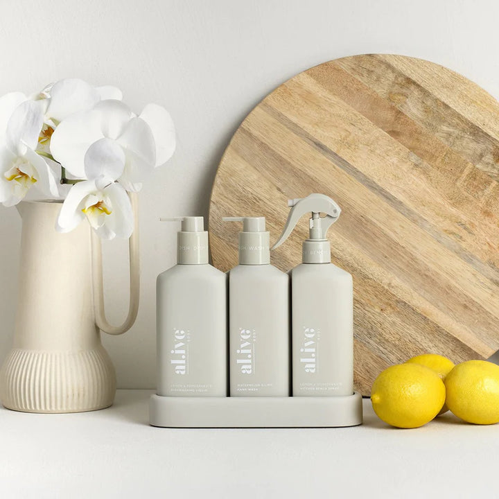 Al.ive Body Kitchen Trio Dishwashing Liquid, Hand Wash & Bench Spray + Tray