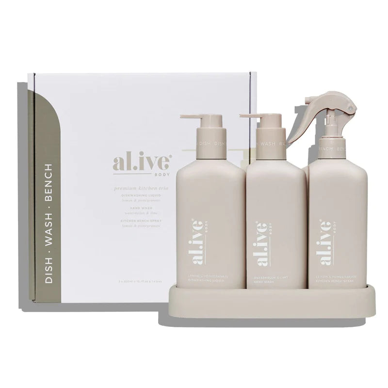 Al.ive Body Kitchen Trio Dishwashing Liquid, Hand Wash & Bench Spray + Tray